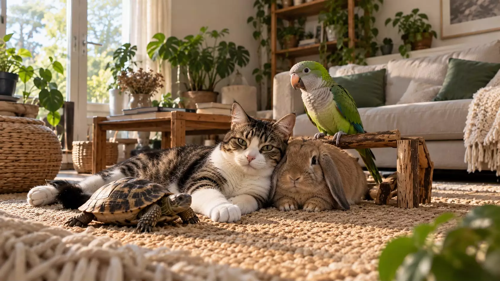 Gato, conejo, loro y tortuga juntos en el salón de una casa durante el cuidado de mascotas a domicilio en Madrid