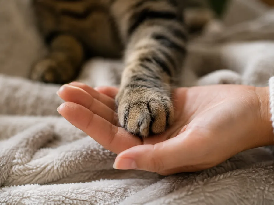 Gato apoyando la pata sobre la mano de su cuidadora durante una visita de 30 minutos