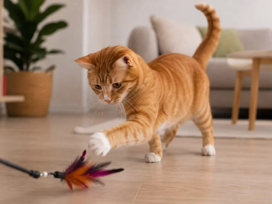 Gato naranja jugando con una caña de plumas durante una visita de 50 minutos de cat sitter en Madrid