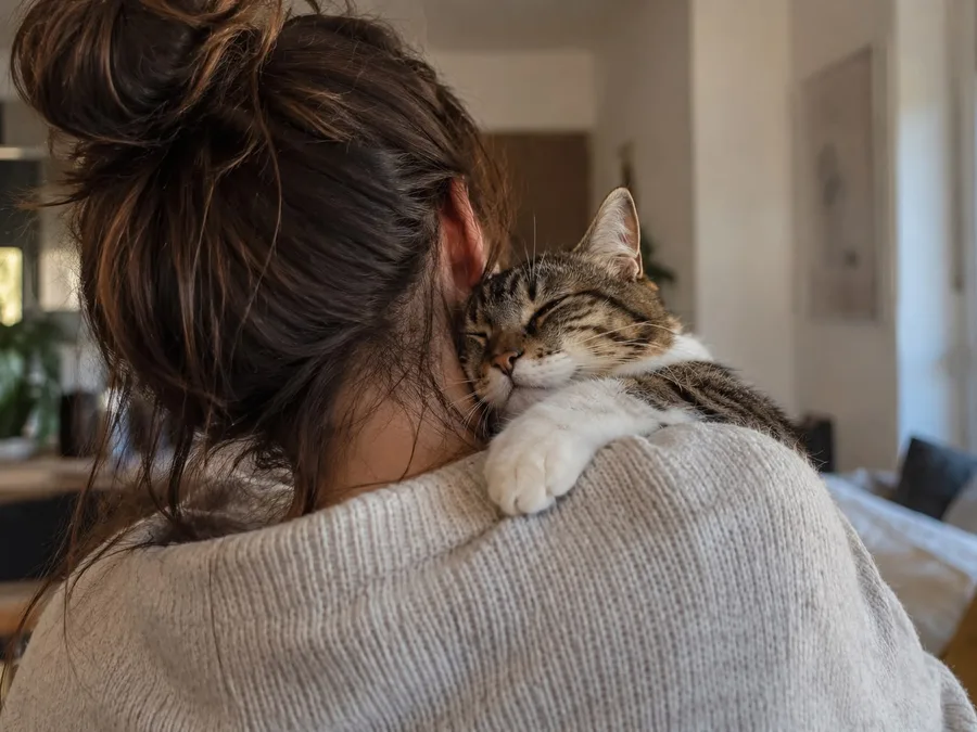 Cuidadora de gatos abrazando a un gato atigrado en el salón de casa durante una visita de 75 minutos